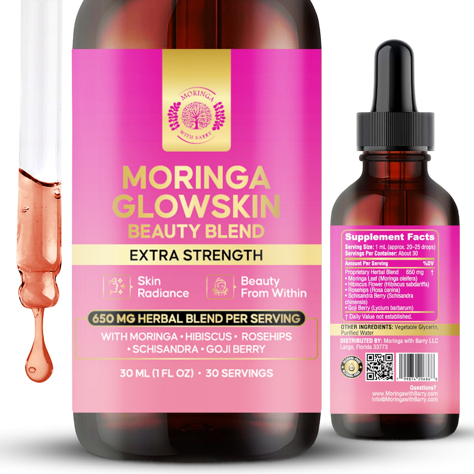 Moringa Glow Skin Beauty Blend Extract – Multi-Herb Botanical Drops with Moringa, Hibiscus, Rosehips, Schisandra & Goji Berry | 650 MG Herbal Blend for Radiant Skin & Beauty Support