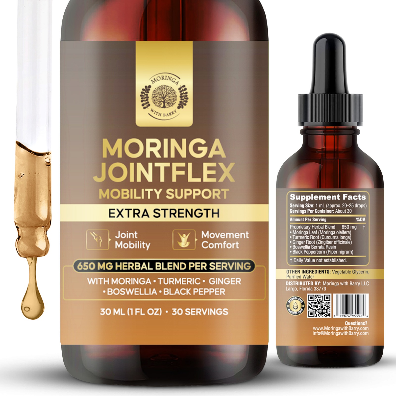Moringa Joint Flex Mobility Support Extract – Multi-Herb Botanical Drops with Moringa, Turmeric, Ginger, Boswellia & Black Pepper | 650 MG Herbal Blend for Joint Comfort & Mobility
