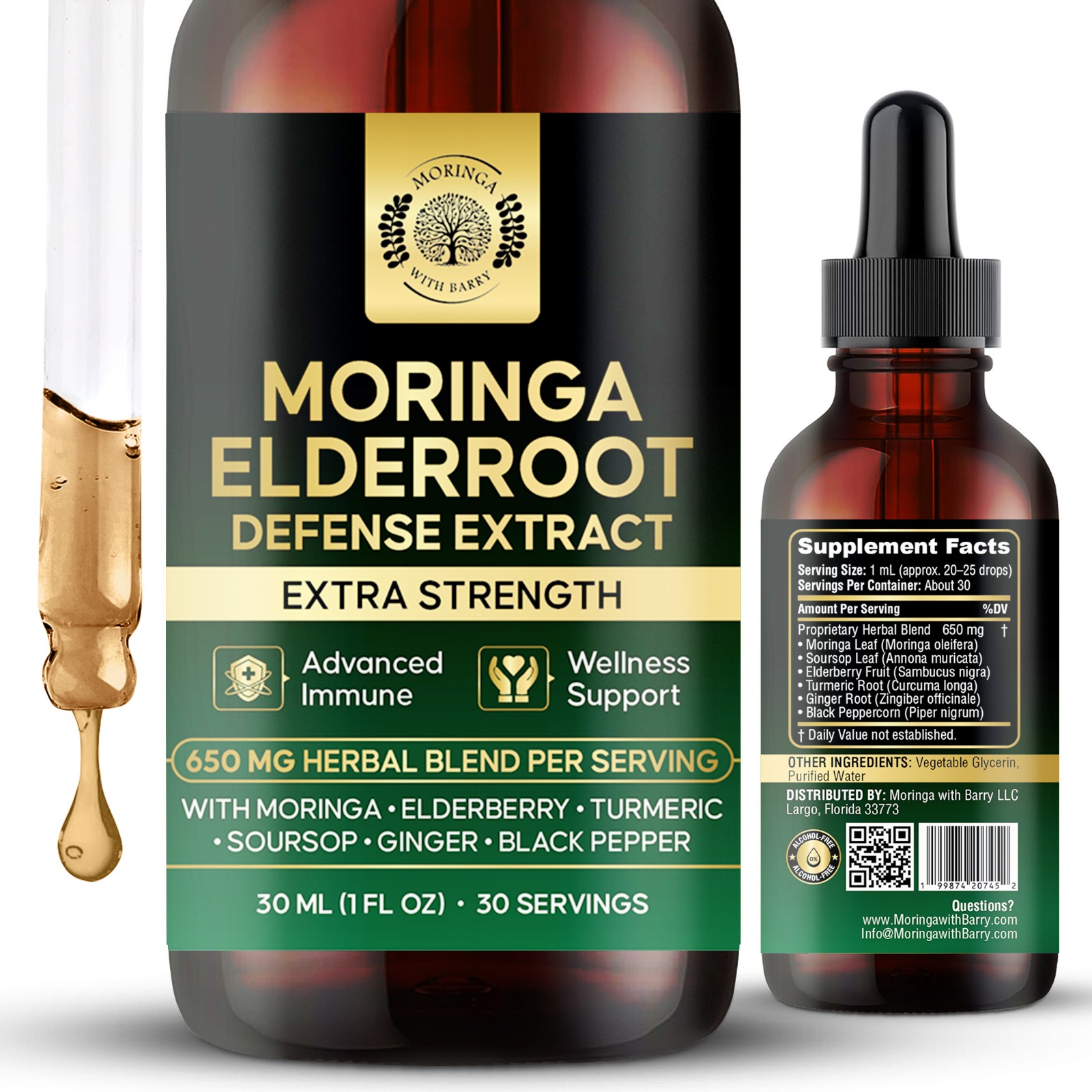 Moringa Elder Root Defense Extract – Multi-Herb Botanical Drops with Elderberry, Turmeric, Ginger, Soursop & Black Pepper | 650 MG Herbal Blend for Daily Wellness & Immune Support