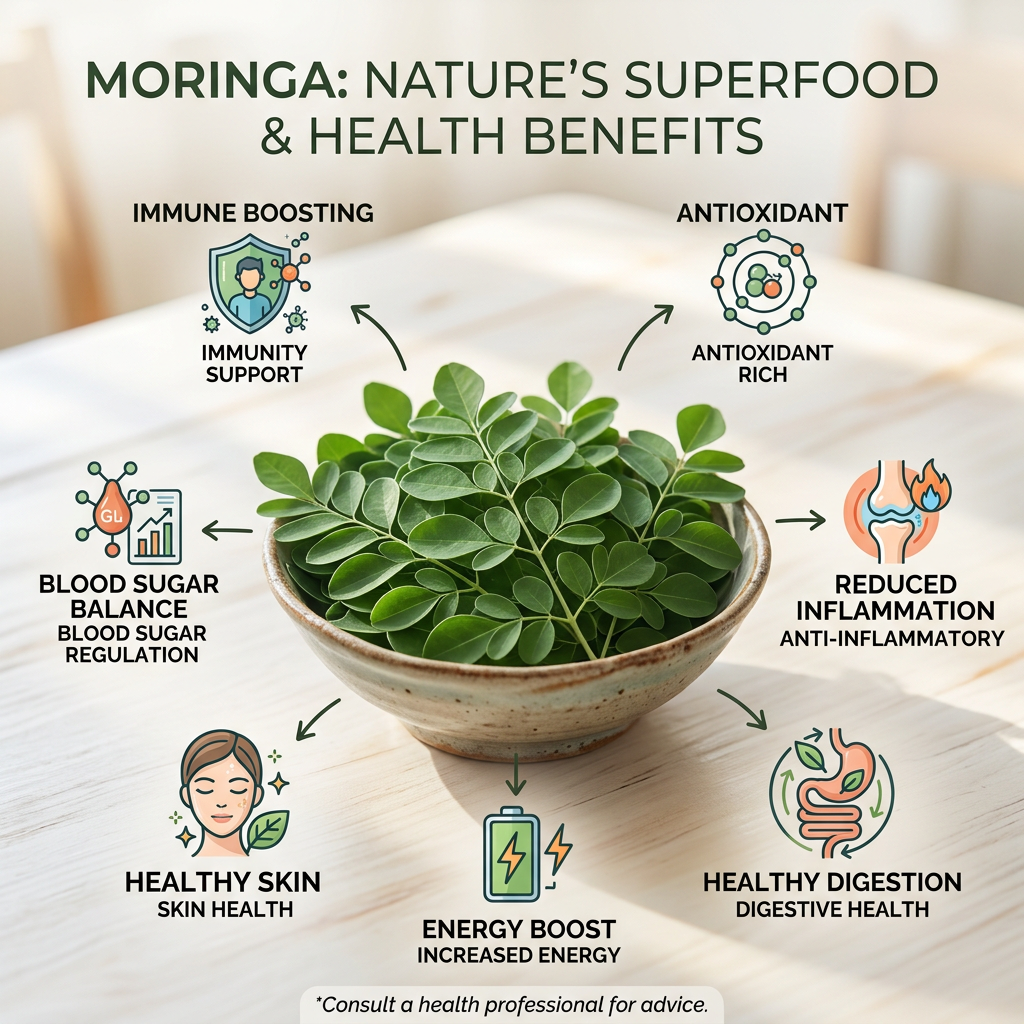 Bowl of moringa leaves surrounded by icons and text listing health benefits